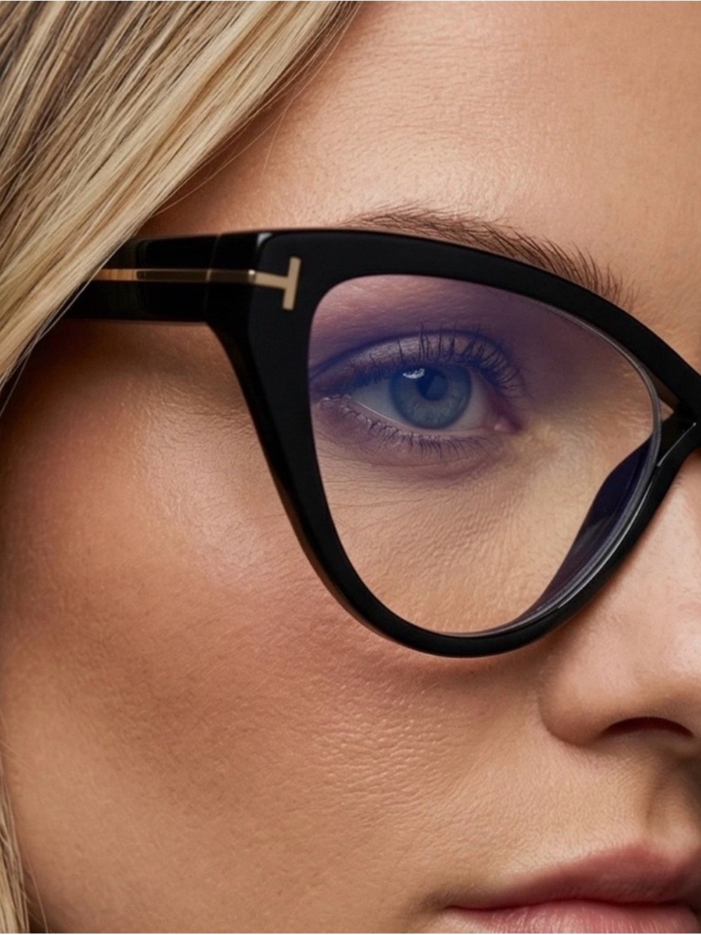Tom Ford Black Cat-Eye Glasses with Gold Accent